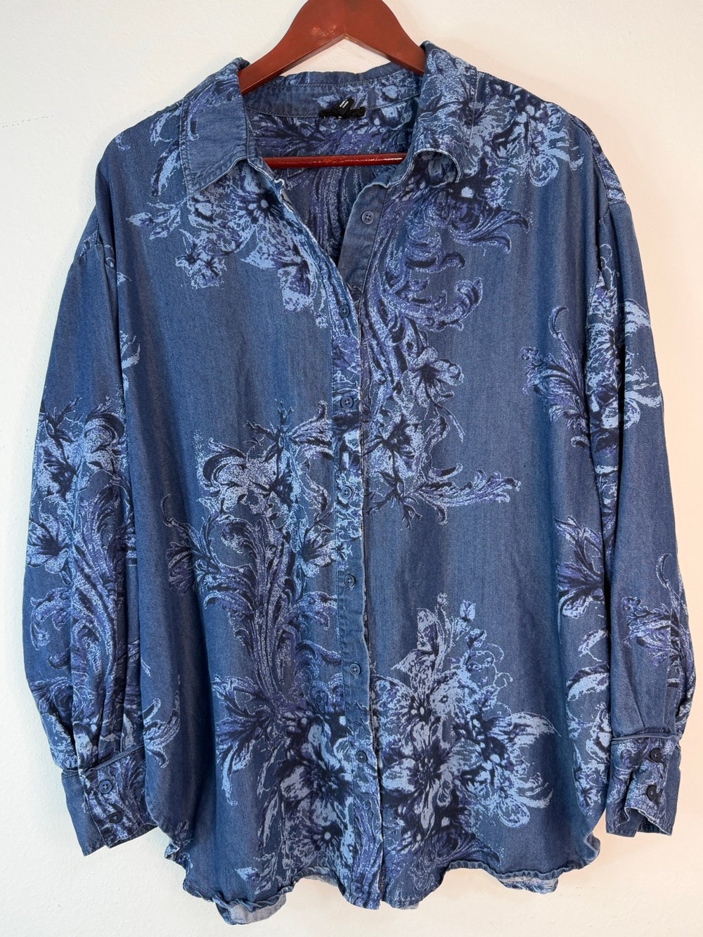 Tribal Denim Blue Chambray Boho Printed Button Front Top Large Western Chic